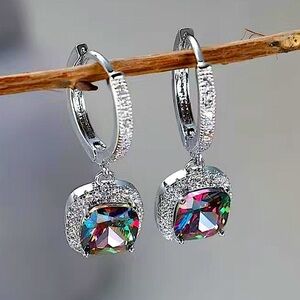 Mystic Topaz White Gold Plated Square Cut Zircon Dangle Earrings